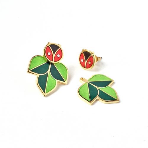 Ladybug Earrings with Leaf Ear Jackets