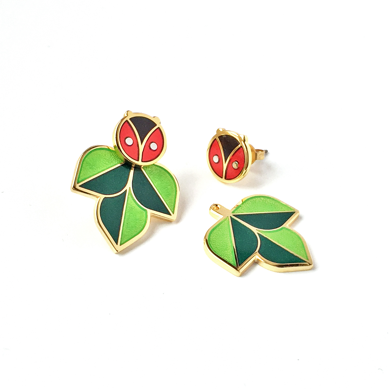 Ladybug Earrings with Leaf Ear Jackets