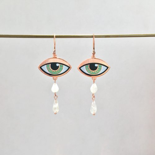 Eye Earrings with Rainbow Moonstone Teardrops