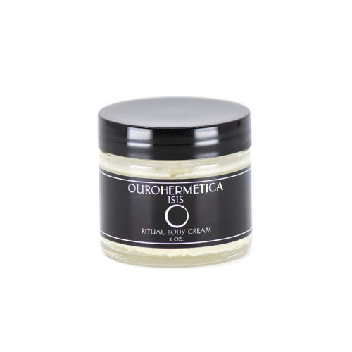 OuroHermetica ritual skin cream in clear glass jar with black label with white ouroboros logo