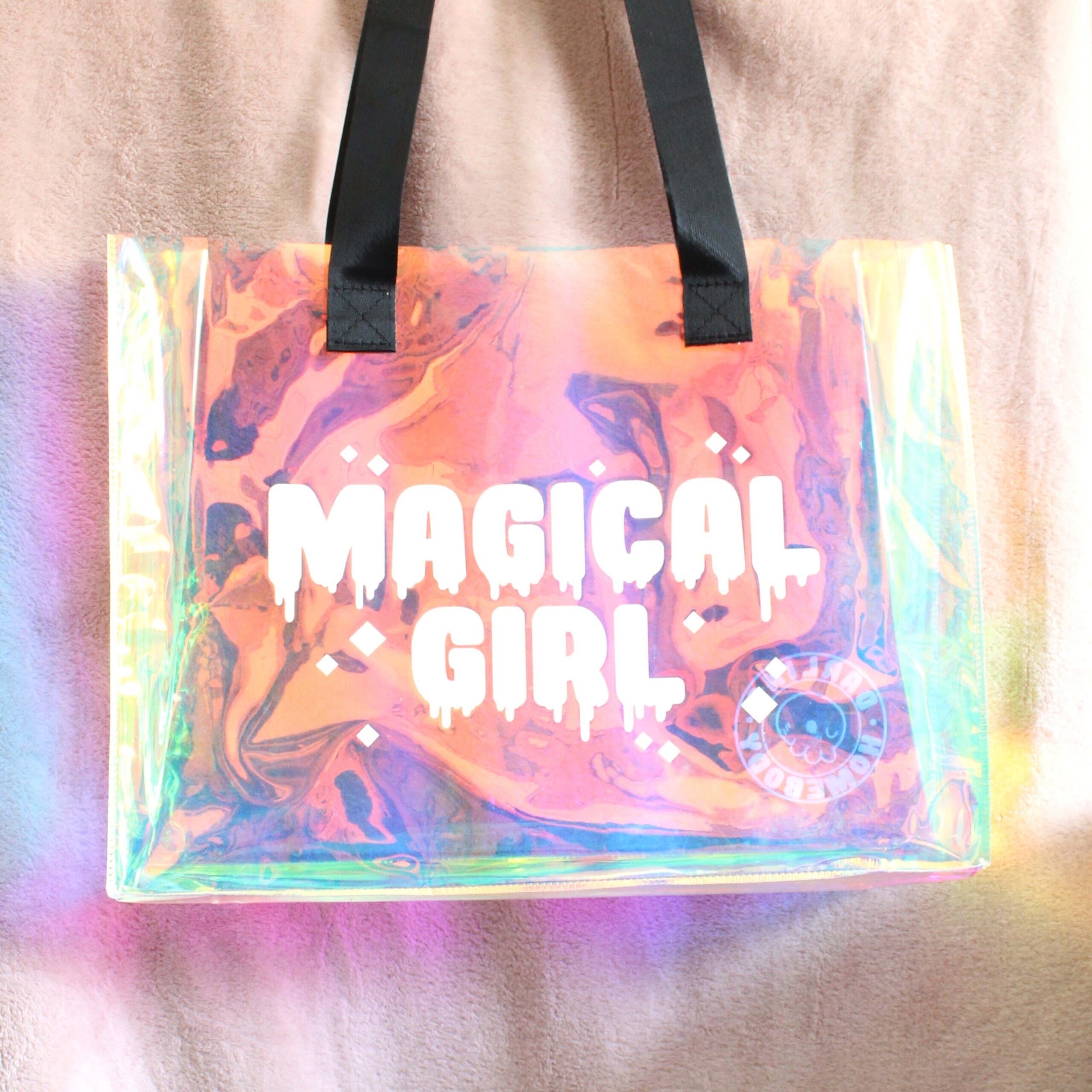 Pink holographic tote bag sale